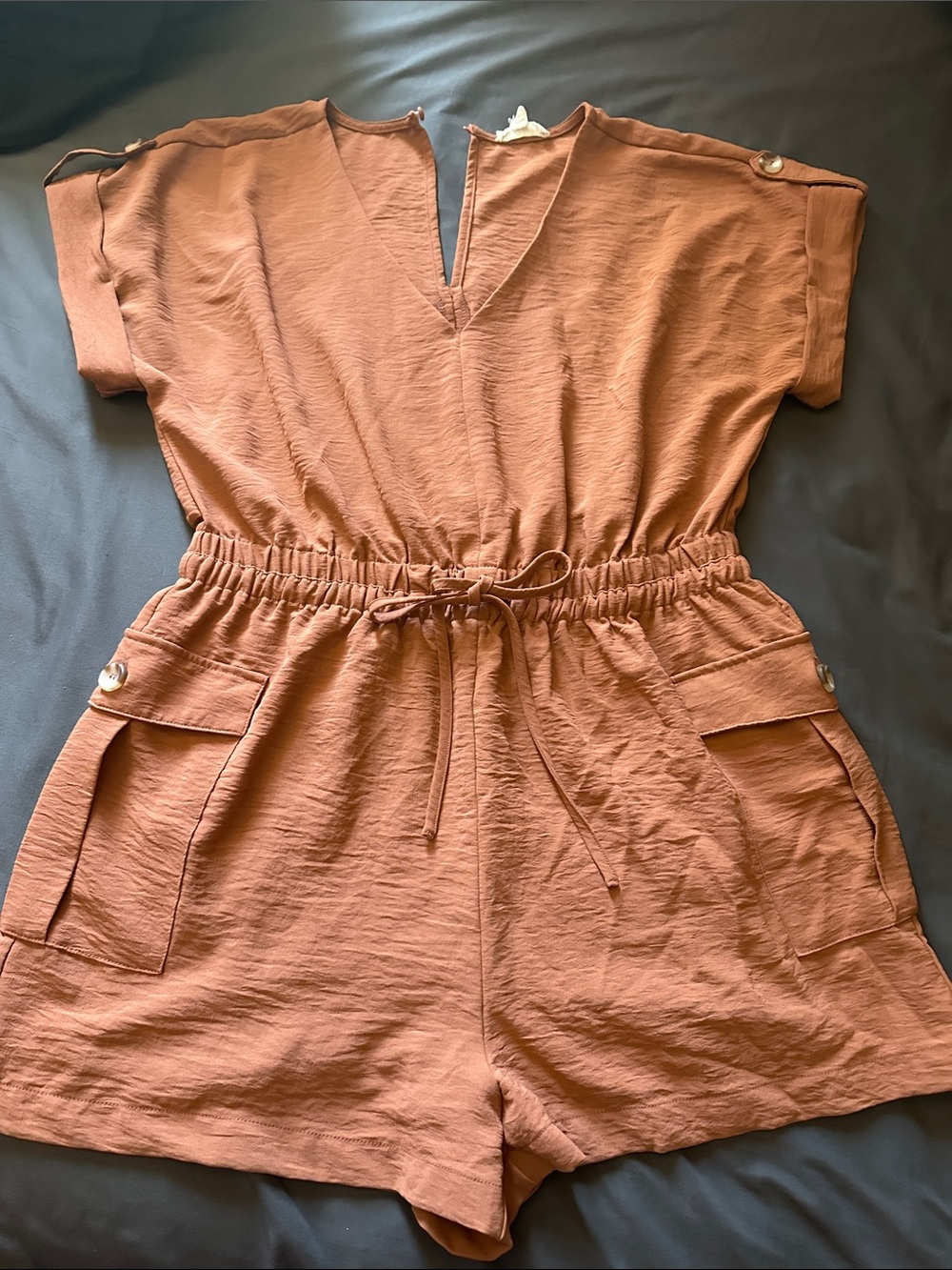 Blu Pepper Rust Brown Short-Sleeve Drawstring One-Piece Romper